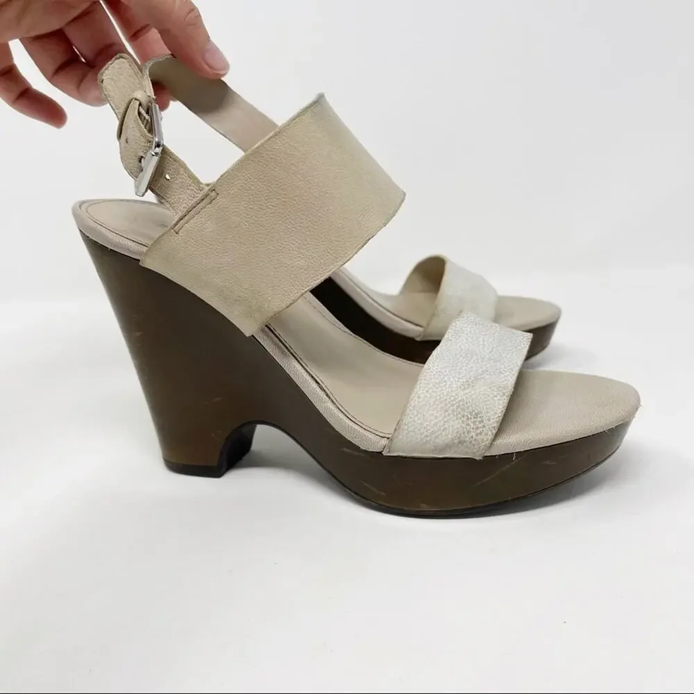 Franco Sarto Womens Size 6.5 Georgette Leather Wedge Sandal Heels Cream Bown